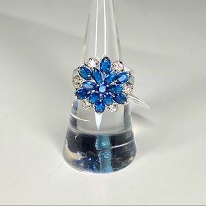Silver blue and clear stone flower costume ring